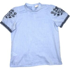 Loft Embroidered Cotton Short Sleeve Shirt Blue Small Boho Prep